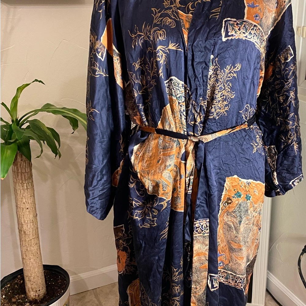 Elegant Vintage Silk- Navy and Copper Kimono Robe Duster!